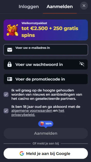 Blazingwildz Casino registratieformulier met e-mailadres, wachtwoord, promotiecode en welkomstpakket