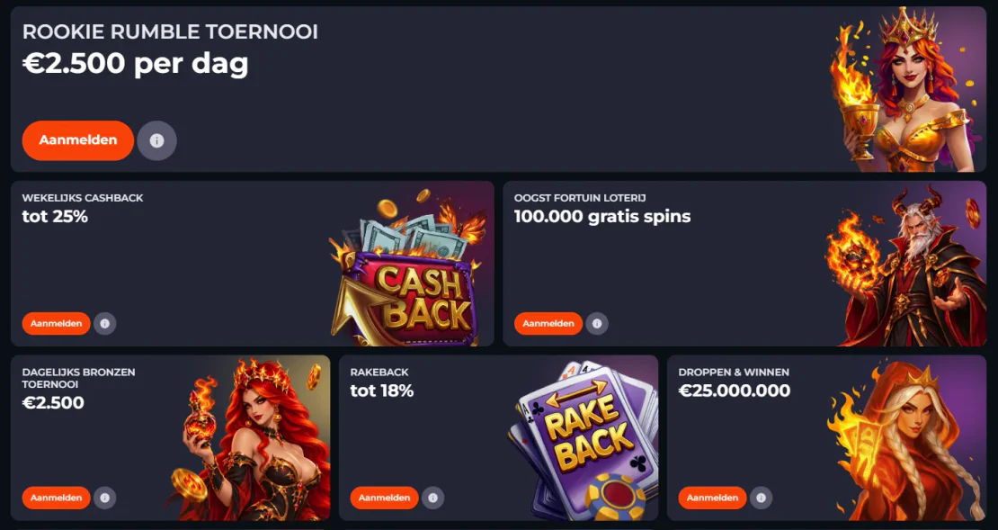 Overzicht van Blazingwildz Casino bonussen met welkomstpakket, cashback, toernooien, rakeback en gratis spins